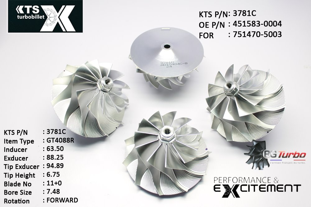 Turbo ROUE FORGÉE MFS PERFORMANCE - 11+0 PALES - INDUCER : 63,5 - EXDUCER : 88,25 - TYPE : GT4088RANGLE : 60° - ROTATION : Forward - SUPER BACK : 5,3 - BORE SIZE : 7,48

